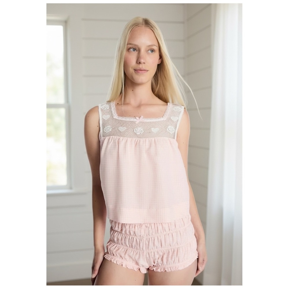 Kacy x Lee Gingham Woven 2 Piece Pajama Set Women's S Pink Cottagecore